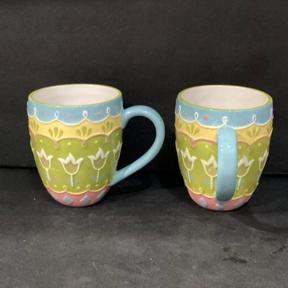 Pier 1 Imports Easter Egg Mugs, Set of‎ 2, 3D Textured Ceramic Coffee Cups